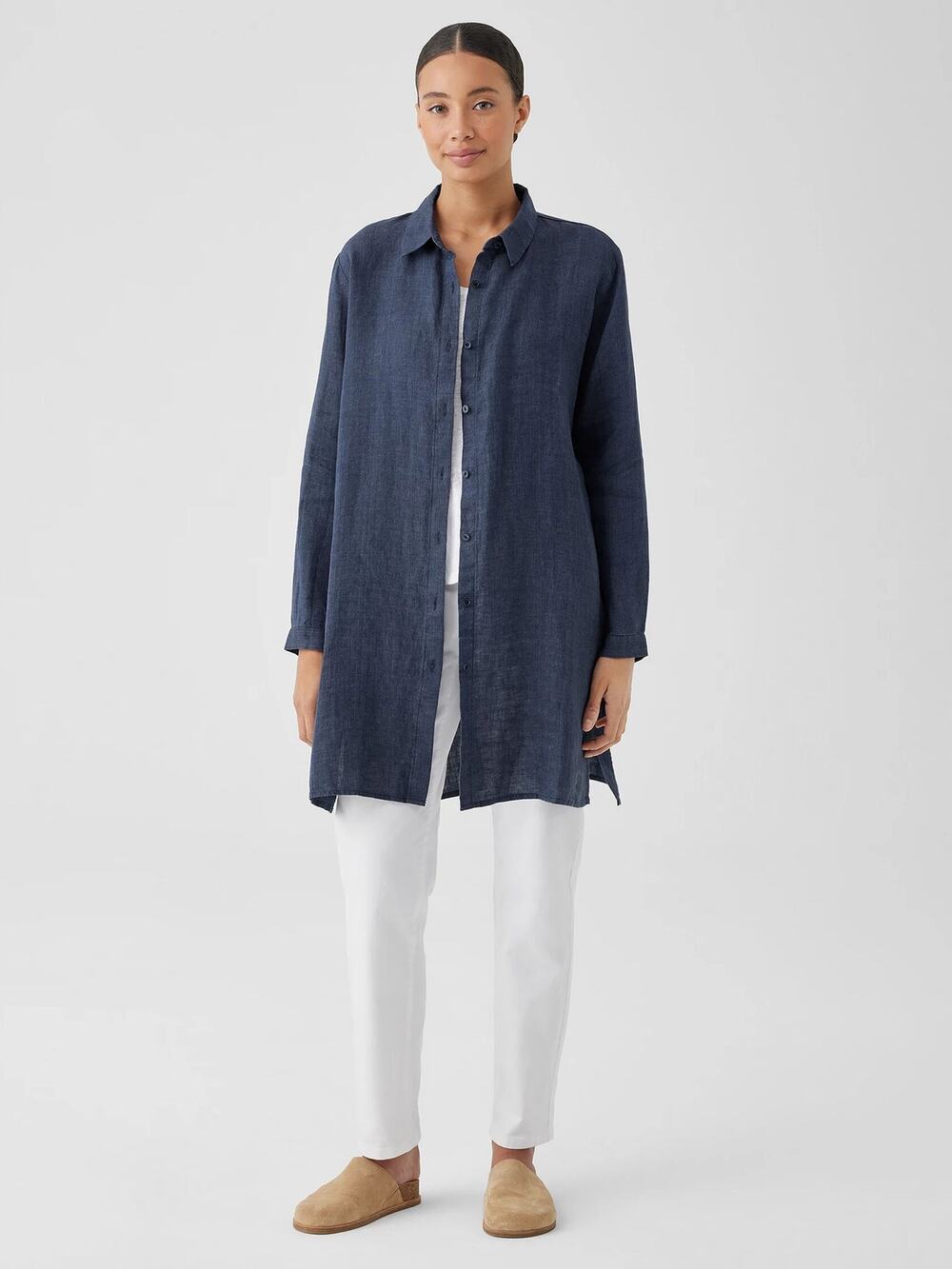 Eileen Fisher Washed Organic Linen Delave Long Shirt Top size XXS